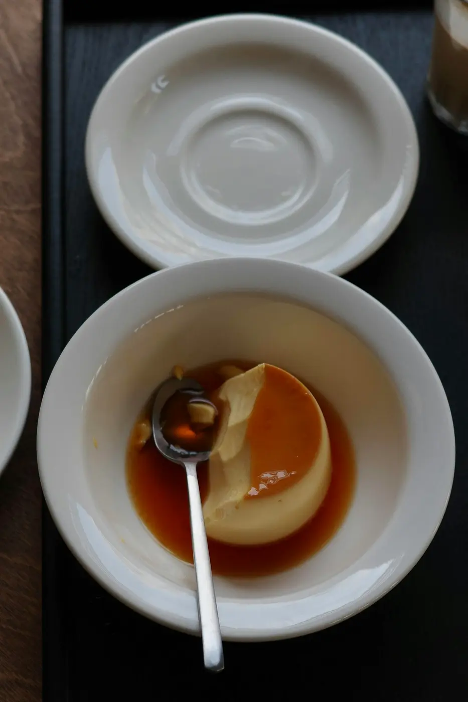 Caramel flan served on a white plate