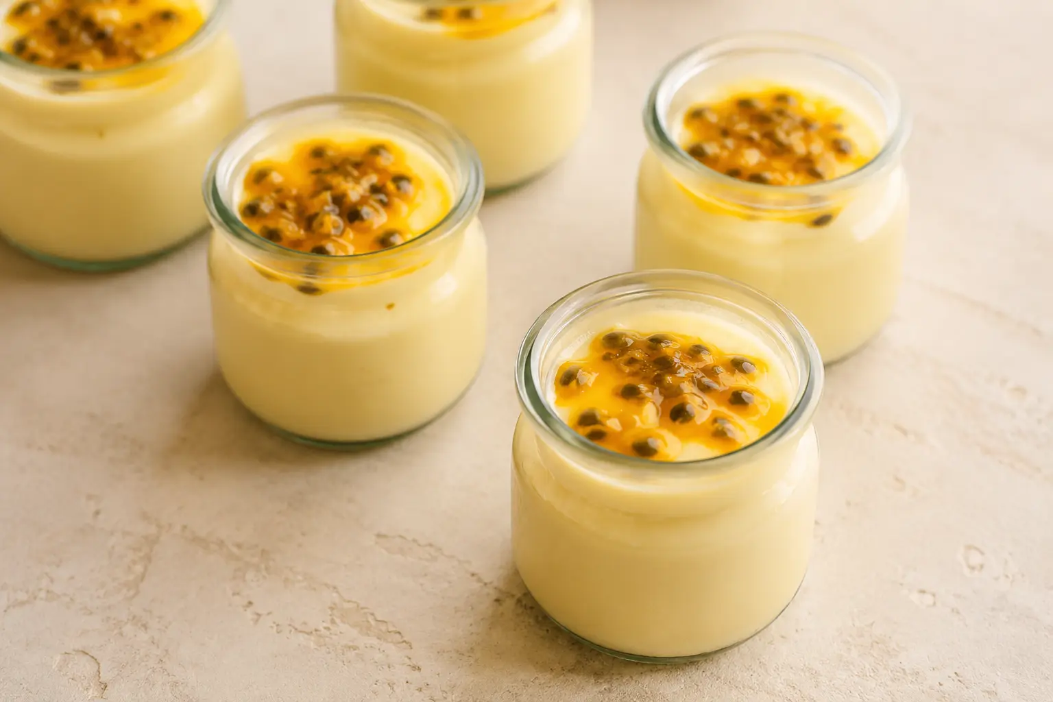 Creamy passion fruit mousse topped with fresh passion fruit pulp and seeds