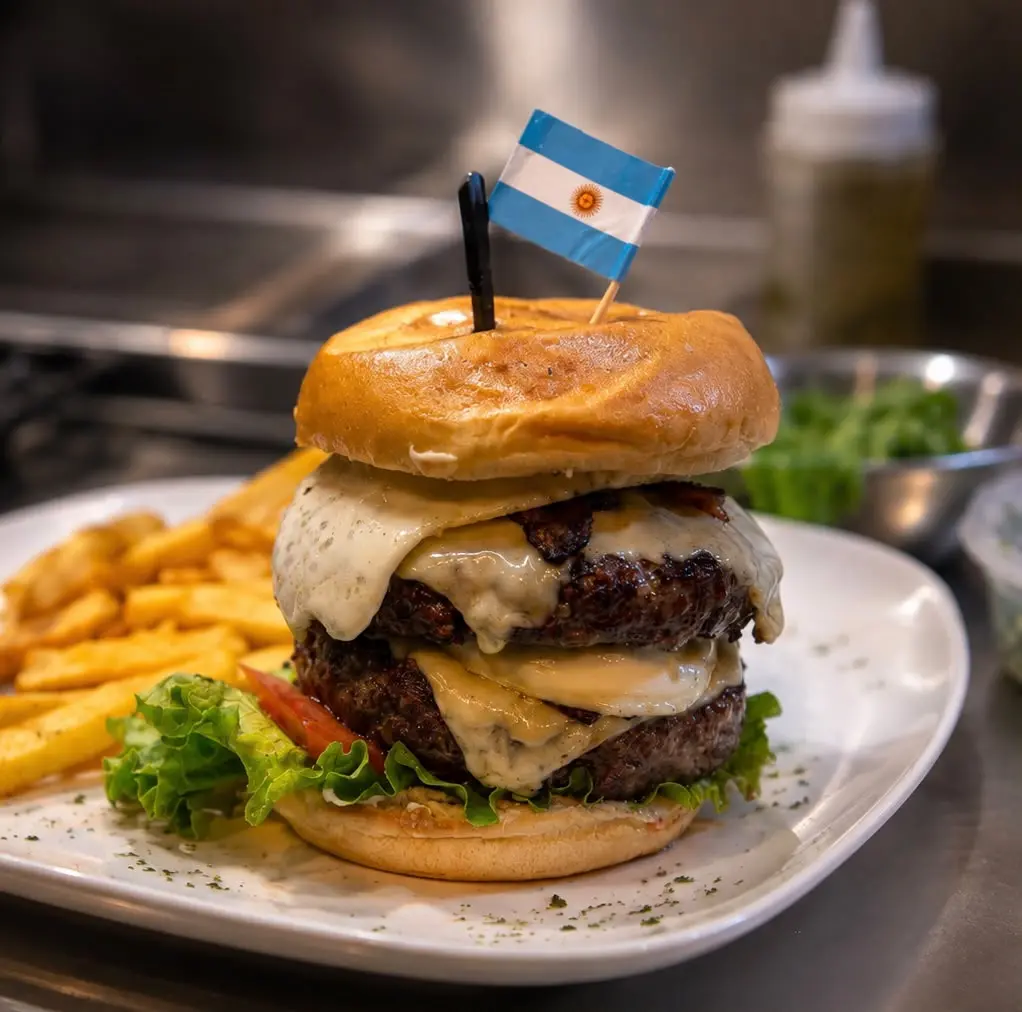 Realta Vaca Burger with double Angus patties, melted mozzarella, bacon and an Argentine flag